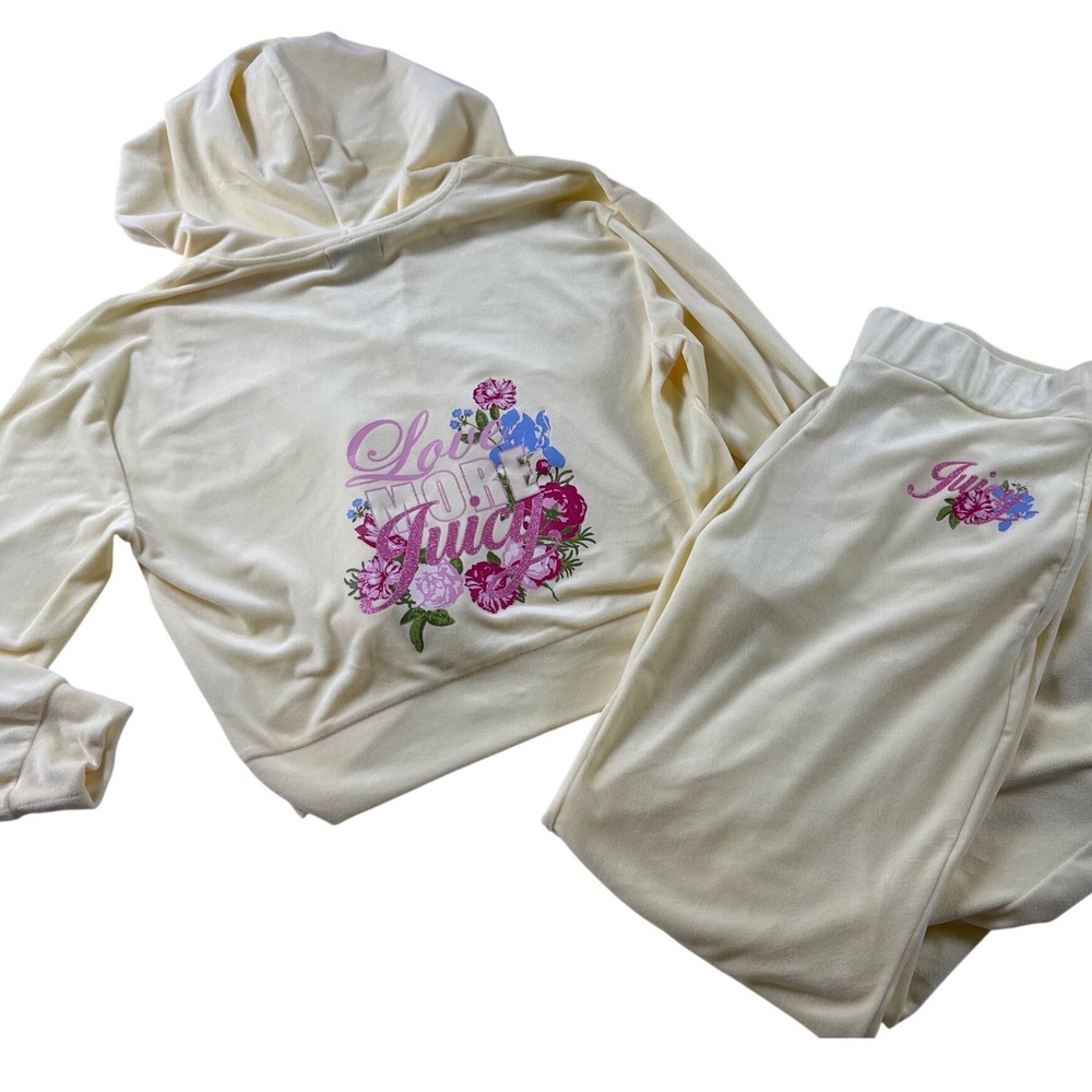 Juicy Couture Velour Tracksuit Set butter yellow Floral Love More Hoodie Pants M